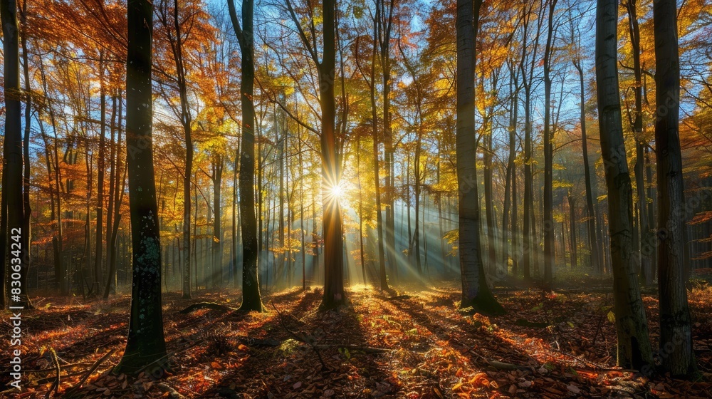 Sunshine filtering through the trees in a fall forest