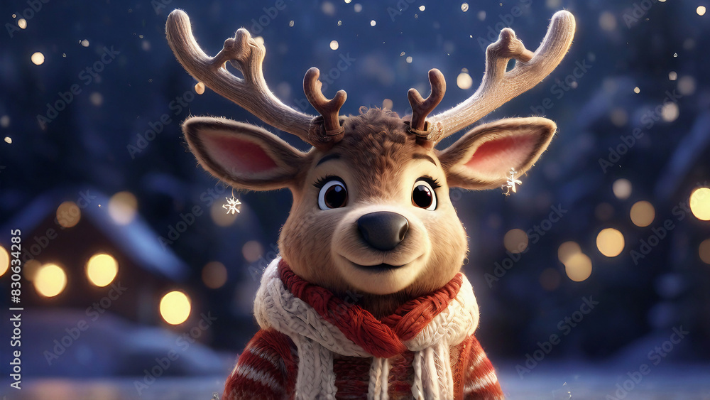Adorable reindeer wearing a festive sweater, standing in a snowy winter scene with lights twinkling in the background Adorable reindeer wearing a festive sweater, standing in a snowy winter scene with lights twinkling in the background