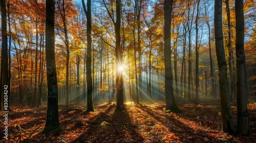 Sunshine filtering through the trees in a fall forest