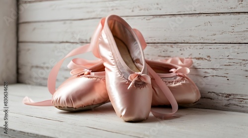 pair of pink satin ballet slippers with ribbons.