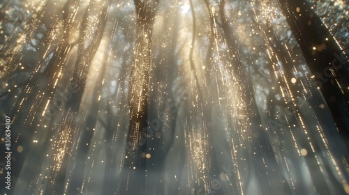 Translucent veils of mist hang suspended in the air, catching the light in shimmering wisps of silver and gold, creating an ethereal aura of mystery and enchantment. photo