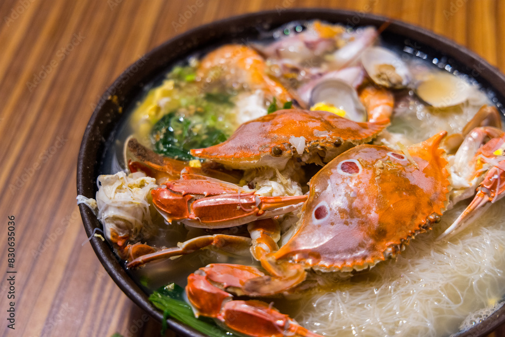 Seafood with rice noodles bowl in the restaurant Seafood with rice noodles bowl in the restaurant