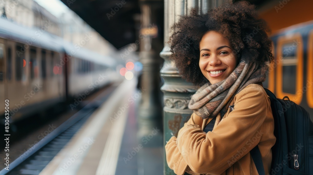 A smiling woman leaning against a pillar at the train station, eagerly looking down the tracks for her train to appear. A smiling woman leaning against a pillar at the train station, eagerly looking down the tracks for her train to appear.