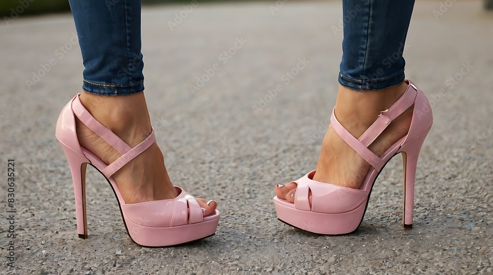 pair of pink high heel sandals with ankle straps. pair of pink high heel sandals with ankle straps.