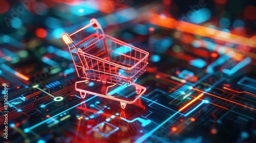 A vibrant 3D render of a glowing shopping cart icon, surrounded by digital elements and abstract shapes, creating a futuristic background for online shopping concepts. 