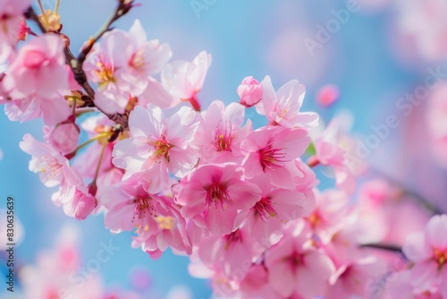 closeup of pink cherry blossom on its branch 