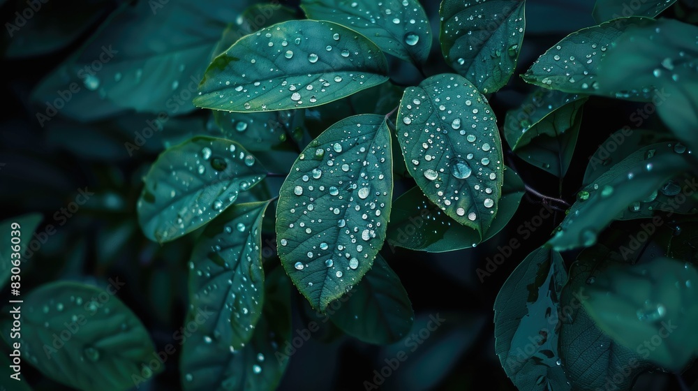 Obraz premium Beautiful blue leaves with water drops, nature background, dark green plants texture, banner design in the style of nature Generative AI
