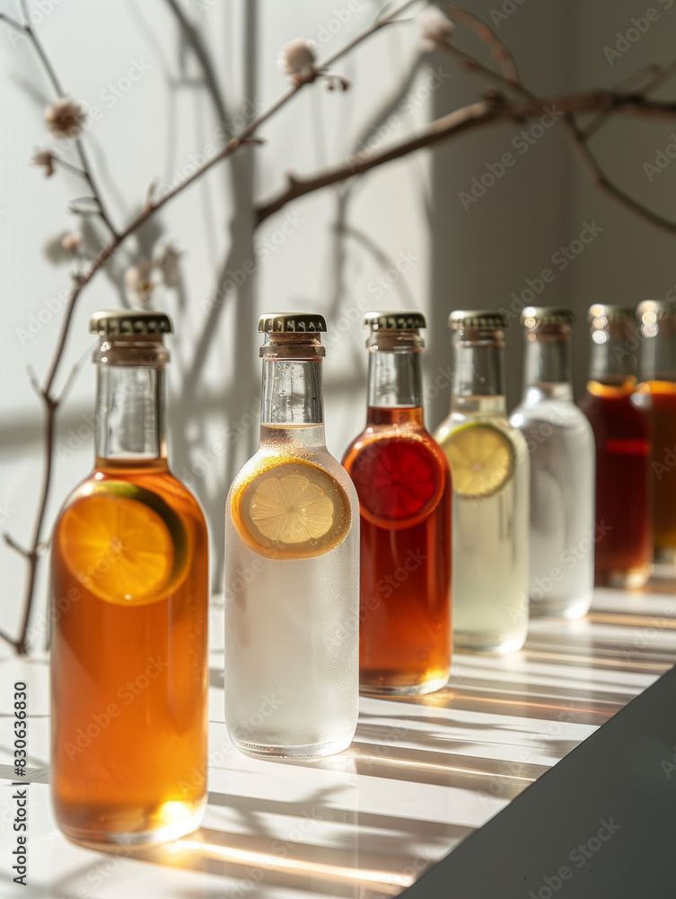 Assorted beverage bottles with citrus slices in sunlight Assorted beverage bottles with citrus slices in sunlight