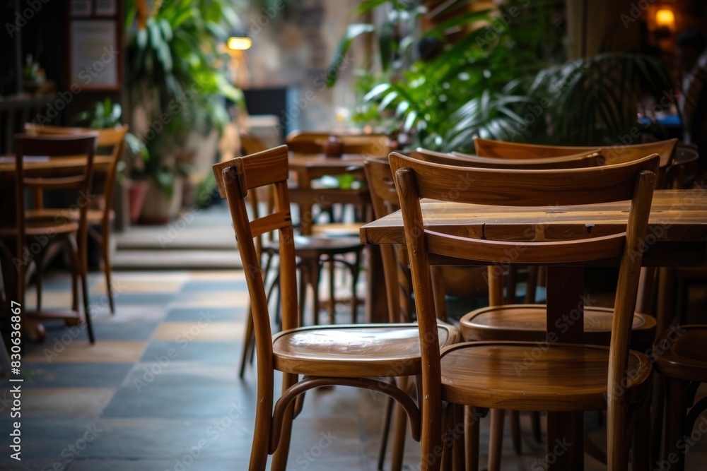 Wooden chairs and tables are neatly arranged in the restaurant Wooden chairs and tables are neatly arranged in the restaurant