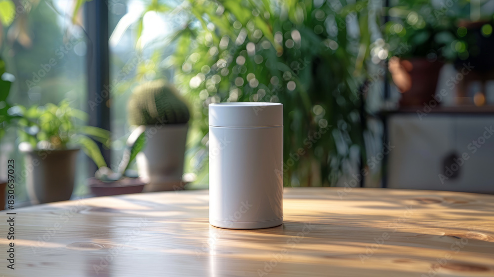 White coffee canister on a table with indoor plants in the background. White coffee canister on a table with indoor plants in the background.