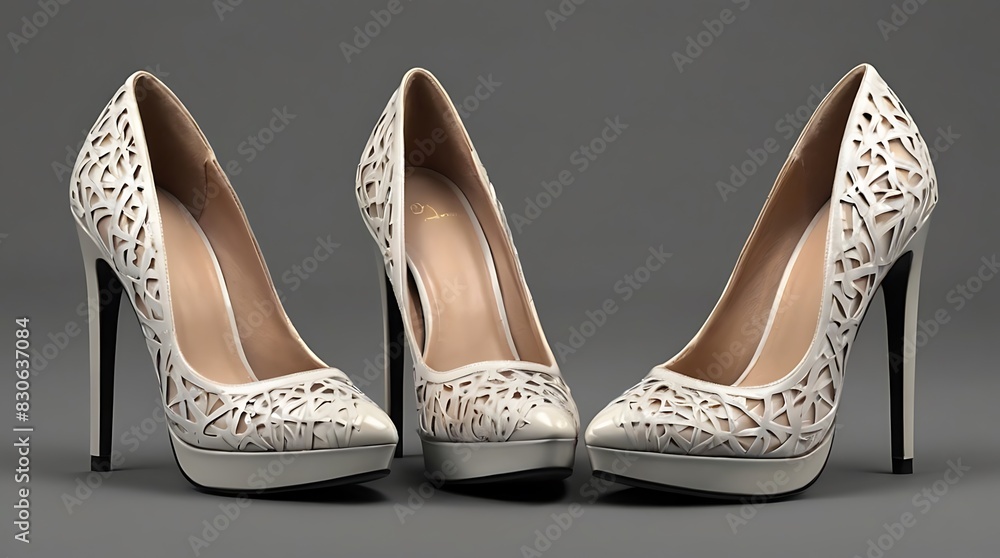 pair of beige high heel shoes with stiletto heels and studded ankle straps. pair of beige high heel shoes with stiletto heels and studded ankle straps.