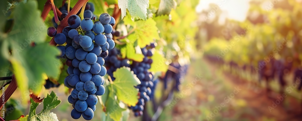 Close-up of blue grape cluster hanging on blurred Row of vineyards background. Grape farm. Plantation of grown fruits for juice, wine production. Ripe grape vine bunches on branch with leaves. Sunset. Close-up of blue grape cluster hanging on blurred Row of vineyards background. Grape farm. Plantation of grown fruits for juice, wine production. Ripe grape vine bunches on branch with leaves. Sunset.