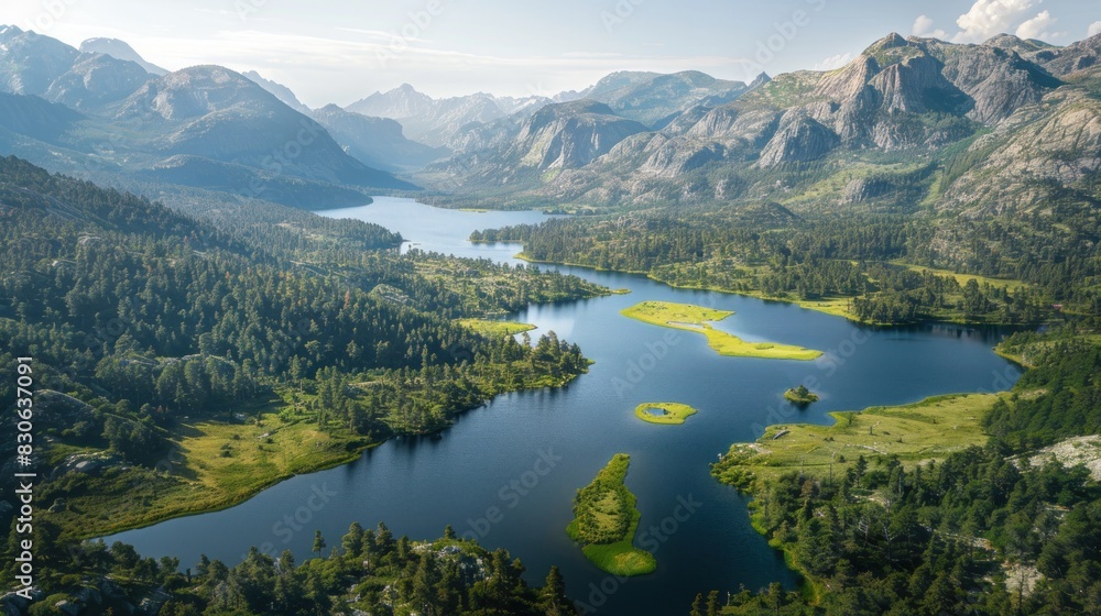 Aerial view of a dramatic landscape featuring towering mountains, expansive forests, and tranquil lakes. The valleys are lush and vibrant, with greenery spreading across the landscape. This image Aerial view of a dramatic landscape featuring towering mountains, expansive forests, and tranquil lakes. The valleys are lush and vibrant, with greenery spreading across the landscape. This image