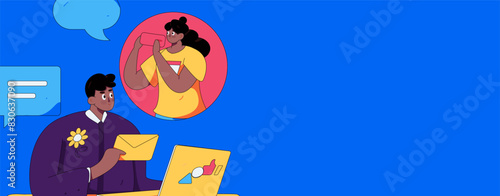Virtual characters social communication concept business flat vector hand drawn illustration
