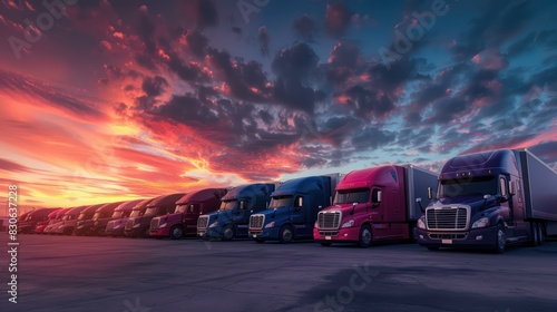 A dynamic shot of semi-trucks of different makes lined up in a truck stop parking lot at sunrise, illustrating the diversity of vehicles in the transportation industry.  photo