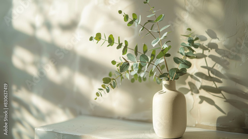 Eucalyptus in a vase on a light-filled tabletop
