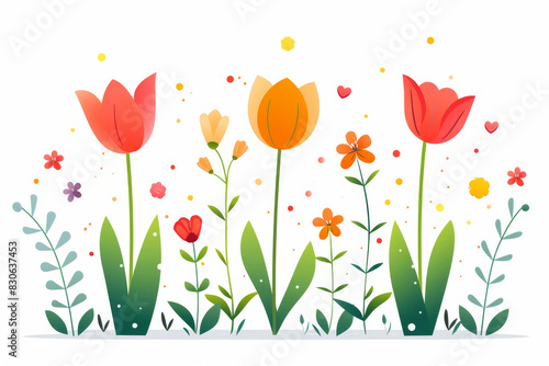 Vibrant Garden with Blooming Tulips and Colorful Wildflowers