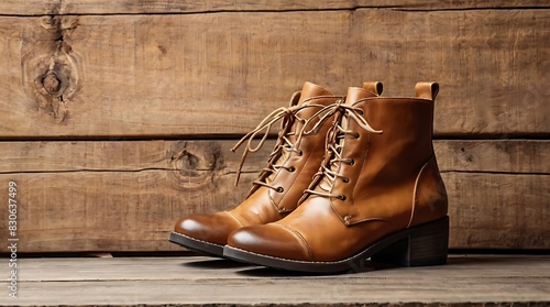  brown leather boot with laces and a heel is sitting on a wooden floor against a wooden background. photo