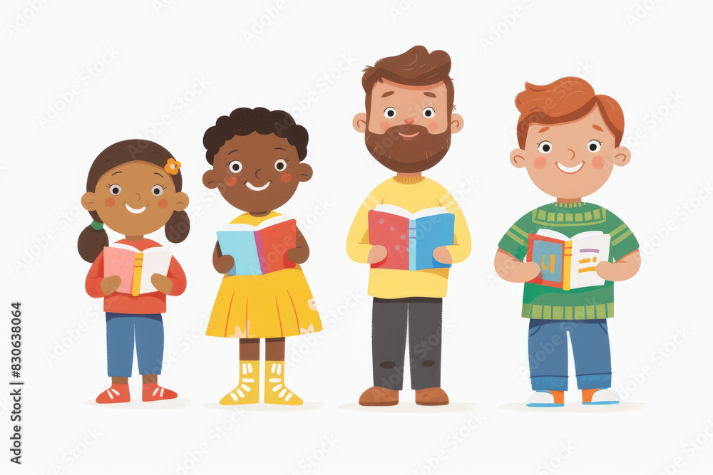 Diverse Group of Children and Adult Reading Books Together