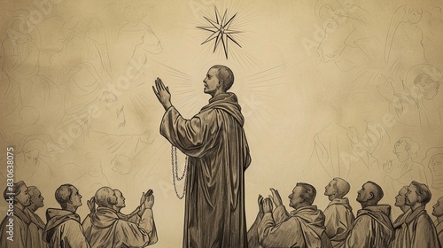 St. Dominic Preaching to Crowd with Rosary and Star, Biblical Illustration, Beige Background, Copyspace photo