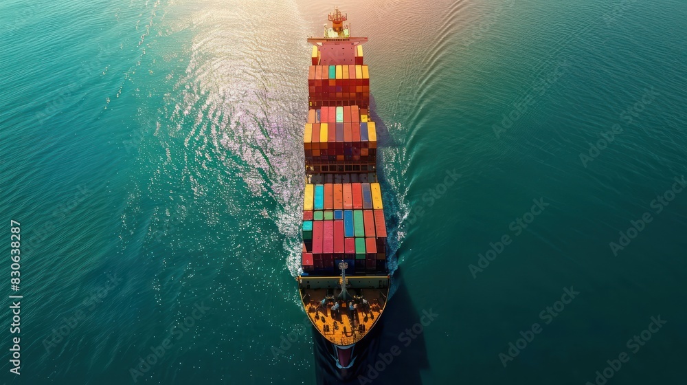 A majestic cargo freight ship sailing through open waters, loaded with colorful containers destined for import and export. A majestic cargo freight ship sailing through open waters, loaded with colorful containers destined for import and export.
