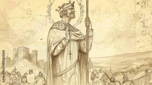 St. Edmund the Martyr in Martyrdom in 9th-Century England, Biblical Illustration, Beige Background, Copyspace
