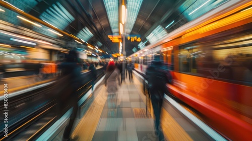 A motion-blurred shot of anonymous commuters rushing across a vast railway terminus platform  creating a sense of urgency and movement. 