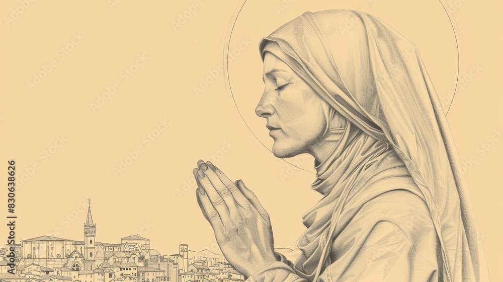 Obraz premium St. Catherine of Siena in Deep Prayer with City of Siena Background, Biblical Illustration, Beige Background, Copyspace