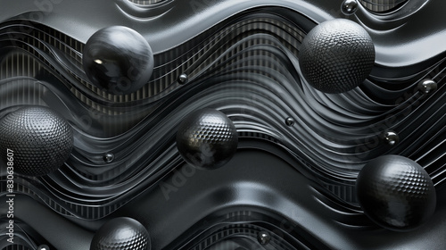 abstract background with carbon fiber textured spheres on wavy surface, modern 3d desktop wallpaper 