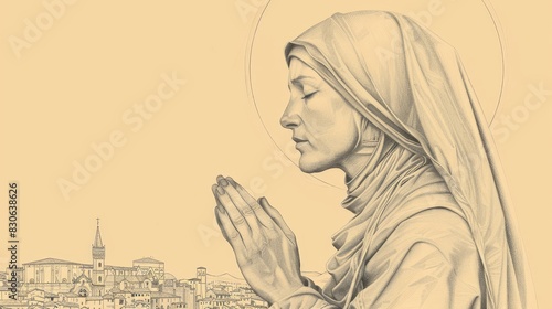 St. Catherine of Siena in Deep Prayer with City of Siena Background, Biblical Illustration, Beige Background, Copyspace