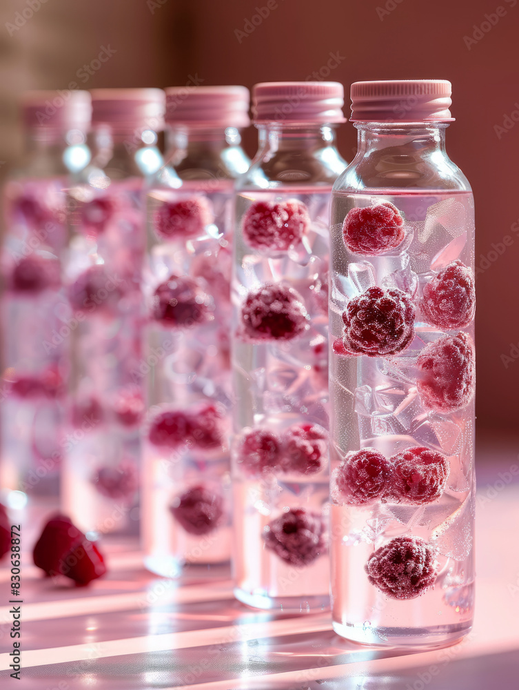 Five bottles of clear water infused with raspberries and ice cubes. Five bottles of clear water infused with raspberries and ice cubes.
