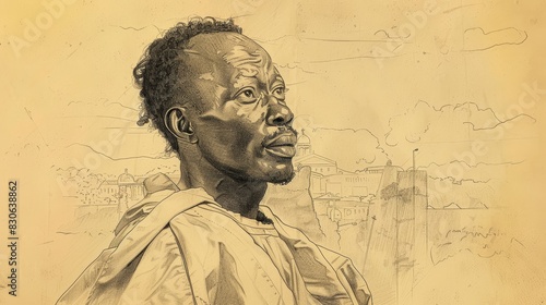 St. Charles Lwanga in Martyrdom in 19th-Century Uganda, Biblical Illustration, Beige Background, Copyspace
