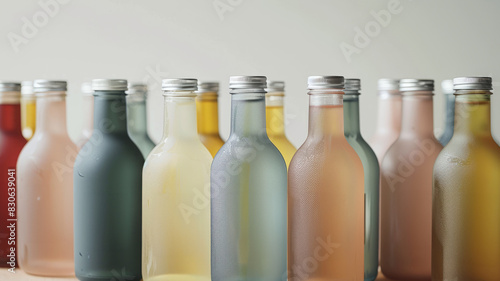 Assorted colorful glass bottles of beverages on a plain background.