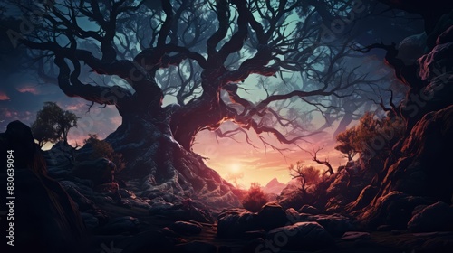 The mystical landscape with a giant tree at sunset.