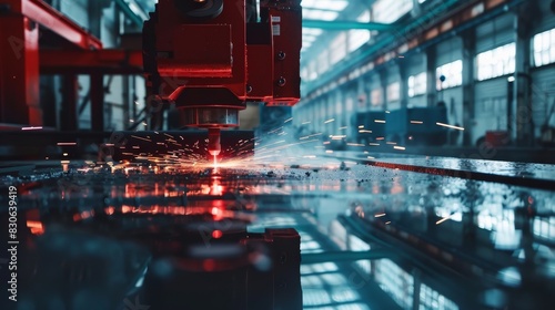 CNC laser cutting machine in action, precisely cutting metal sheets with sparks flying (close up) theme, advanced manufacturing realistic Double exposure factory floor photo