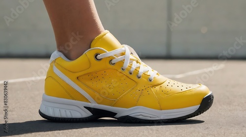 pair of bright yellow tennis shoes with white soles and black laces  on a tennis court