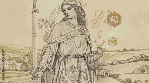 St. Dymphna Holding Sword and Lamp in Irish Countryside, Biblical Illustration, Beige Background, Copyspace