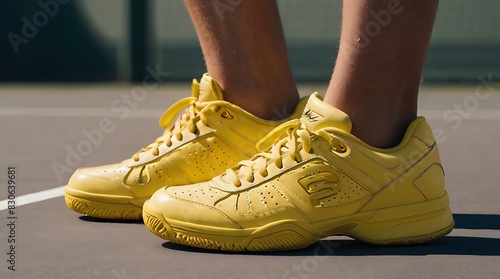  pair of bright yellow tennis shoes with white soles and black laces  on a tennis court
