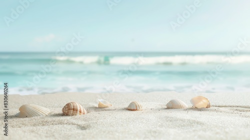Showcase the serenity of beachfront escapes with a  photo featuring an empty sand beach dotted with shells  set against the tranquil waters of a summer sea.