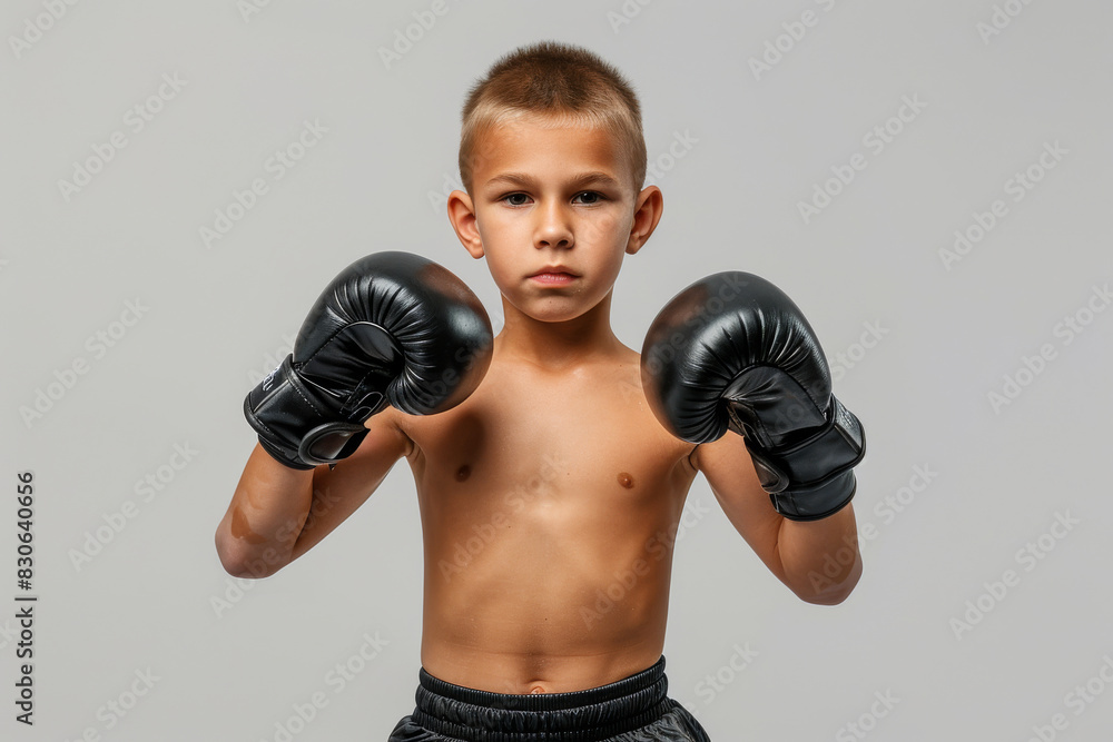 Young Boy Ready to Box with Serious Expression and Black Gloves Young Boy Ready to Box with Serious Expression and Black Gloves