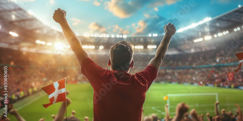 Excited soccer fan cheering in stadium stands during a vibrant match  capturing the thrilling atmosphere and energy of the crowd.