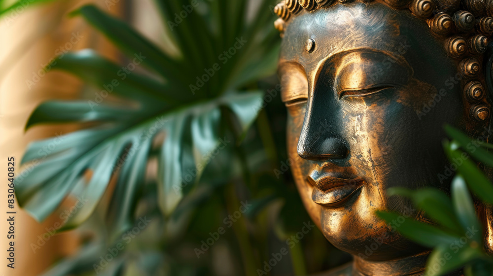 Close up of dull bronze buddha head statue among the leaves Close up of dull bronze buddha head statue among the leaves