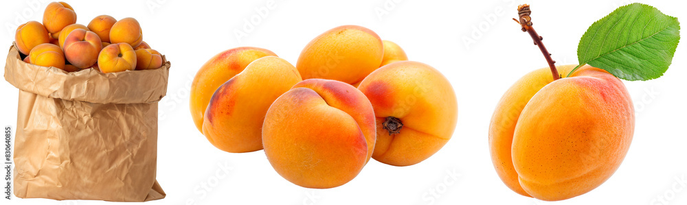 Apricots collection, single fruit, bunch of four and a filled paper bag, isolated on a white background Apricots collection, single fruit, bunch of four and a filled paper bag, isolated on a white background