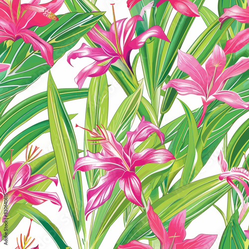pink flowers and green leaves on a white background