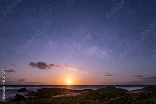 Canvas Print Moonrise Over the Sea with Milky Way