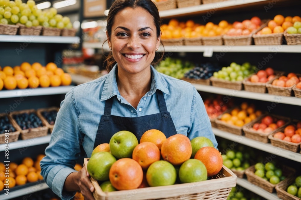 Close Portrait of Happy grocery store owner smiling at the camera while holding a basket of fresh organic grapefruits. Successful female entrepreneur running a small business in the food industry. Close Portrait of Happy grocery store owner smiling at the camera while holding a basket of fresh organic grapefruits. Successful female entrepreneur running a small business in the food industry.
