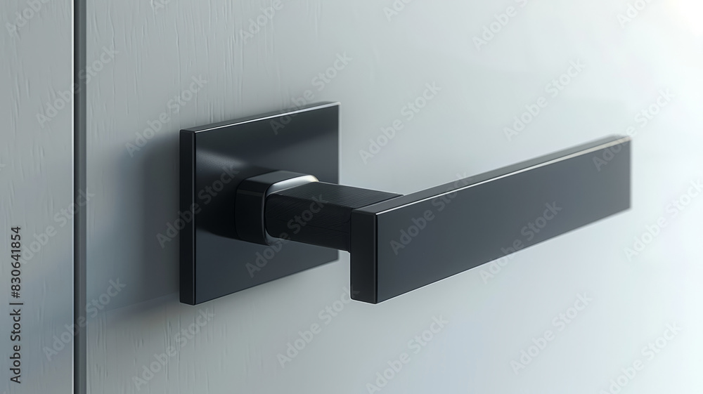 Black modern door handle on a gray wooden door Black modern door handle on a gray wooden door