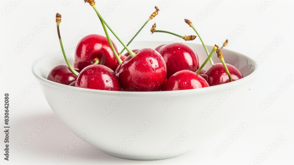 Fresh cherry berries in a bowl on a white background. The concept of a healthy diet and support for local producers. Close-up. Fresh cherry berries in a bowl on a white background. The concept of a healthy diet and support for local producers. Close-up.