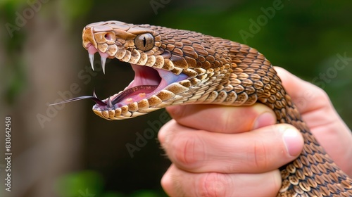 snake in the hands of a man. A snake attacks a man. The snake hisses and bites. Dangerous snakes