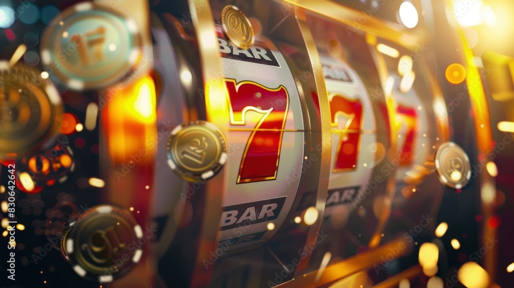 Casino slot machine showing triple seven with gold coins scattering